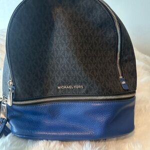 Michael Kors Black and Blue Backpack with Monogram Design